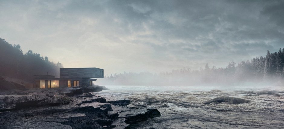 Noorse natuur met moderne gebouwen