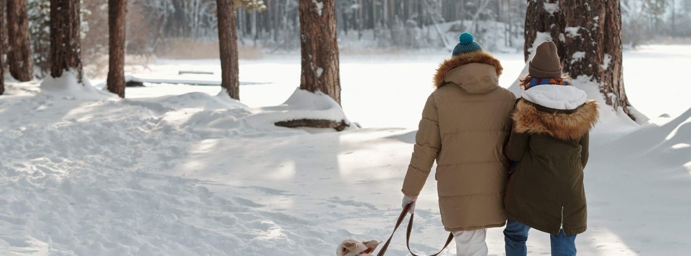 Koppel op stap met de hond in het bos